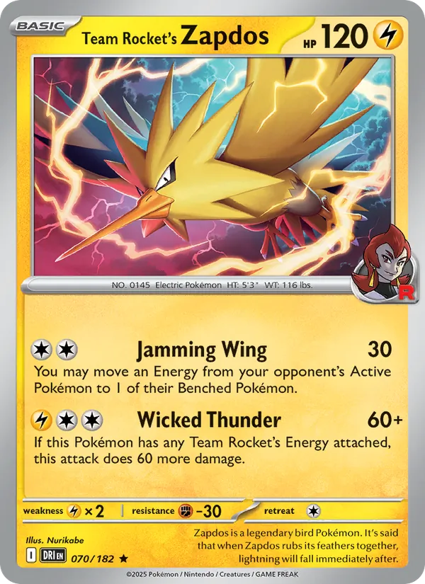 Team Rocket's Zapdos - DRI 070/182 (Reverse Holo) - Pokemon card